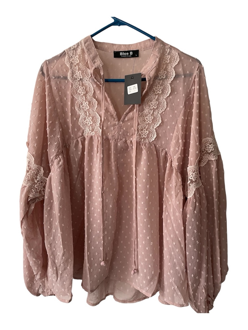 Blue B Mauve Lace-Trim Swiss Dot Peasant boho Blouse